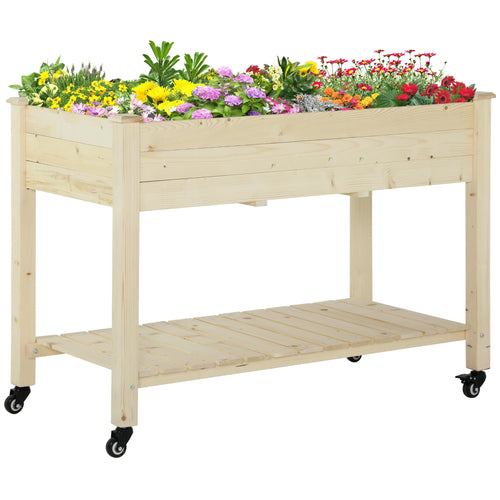 Mobile Raised Garden Bed Elevated Wood Planter Box w/ Lockable Wheels, Storage Shelf for Herbs Vegetables, Natural