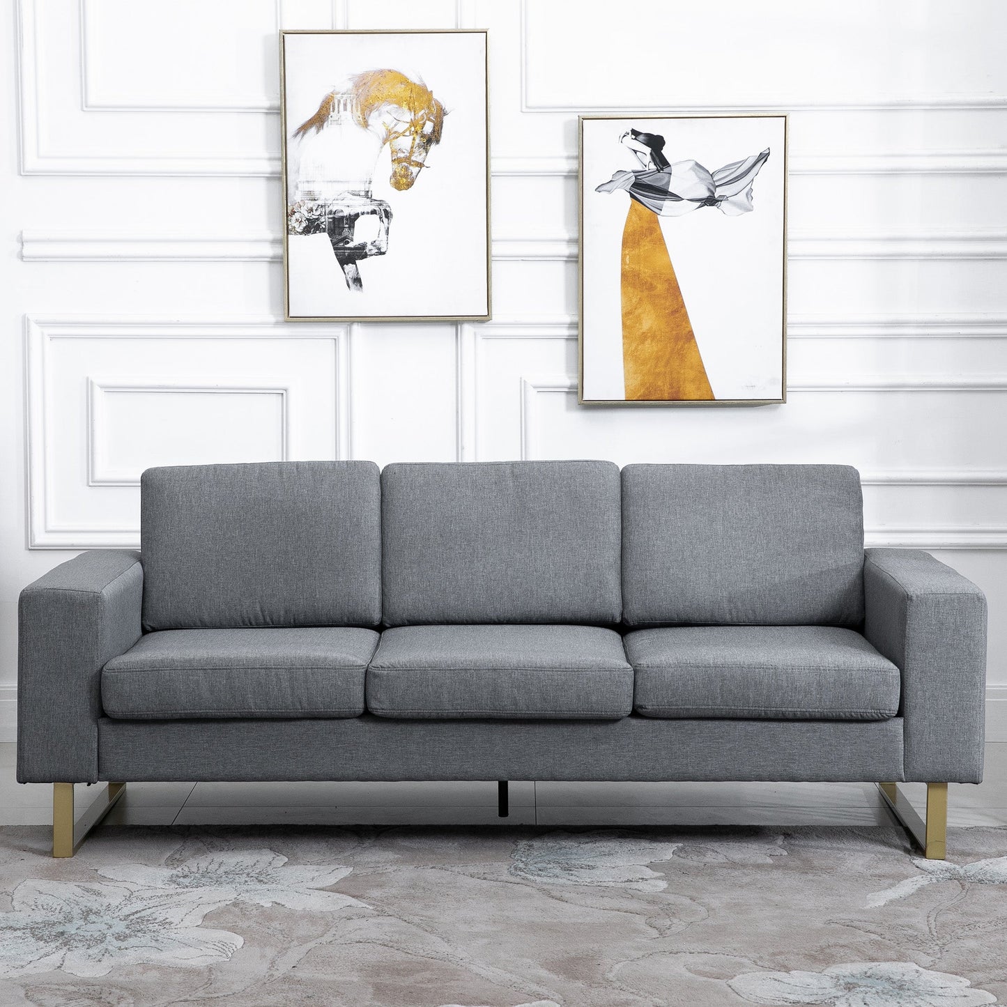 Modern 3 Seat Sofa, Linen Upholstered Cozy Padded Couch with Steel Leg, Backrest and Wide Armrest, Grey at Gallery Canada