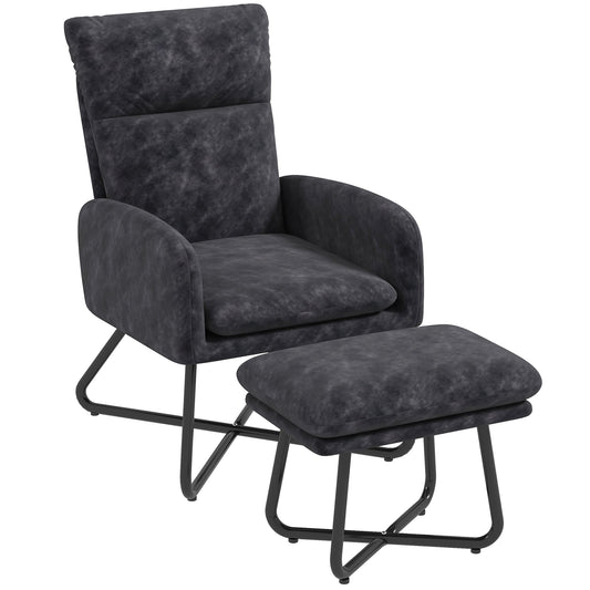 Modern Accent Chair with Ottoman, Upholstered Armchair with Footrest, Cross Metal Legs and Padded Cushion for Living Room, Bedroom, Dark Grey at Gallery Canada
