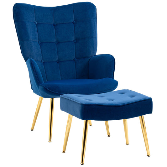 Modern Accent Chair with Ottoman, Upholstered Armchair with Footrest, Gold Metal Legs for Living Room, Bedroom, Dark Blue at Gallery Canada