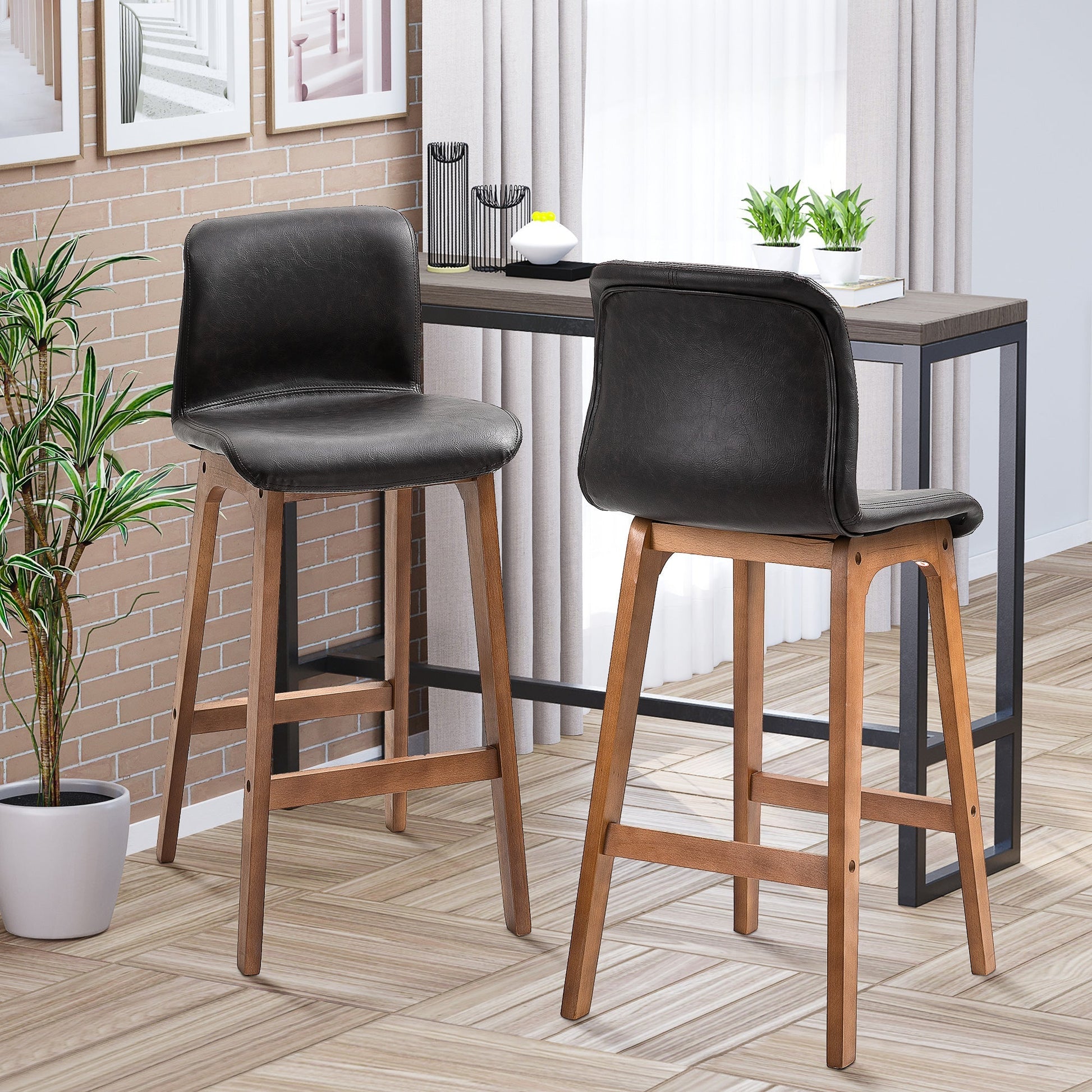 Modern Bar Stools Set of 2, Counter Height Bar Chair with PU Leather Wooden Frame Padding Seats for Dining Room Home Bar Brown at Gallery Canada