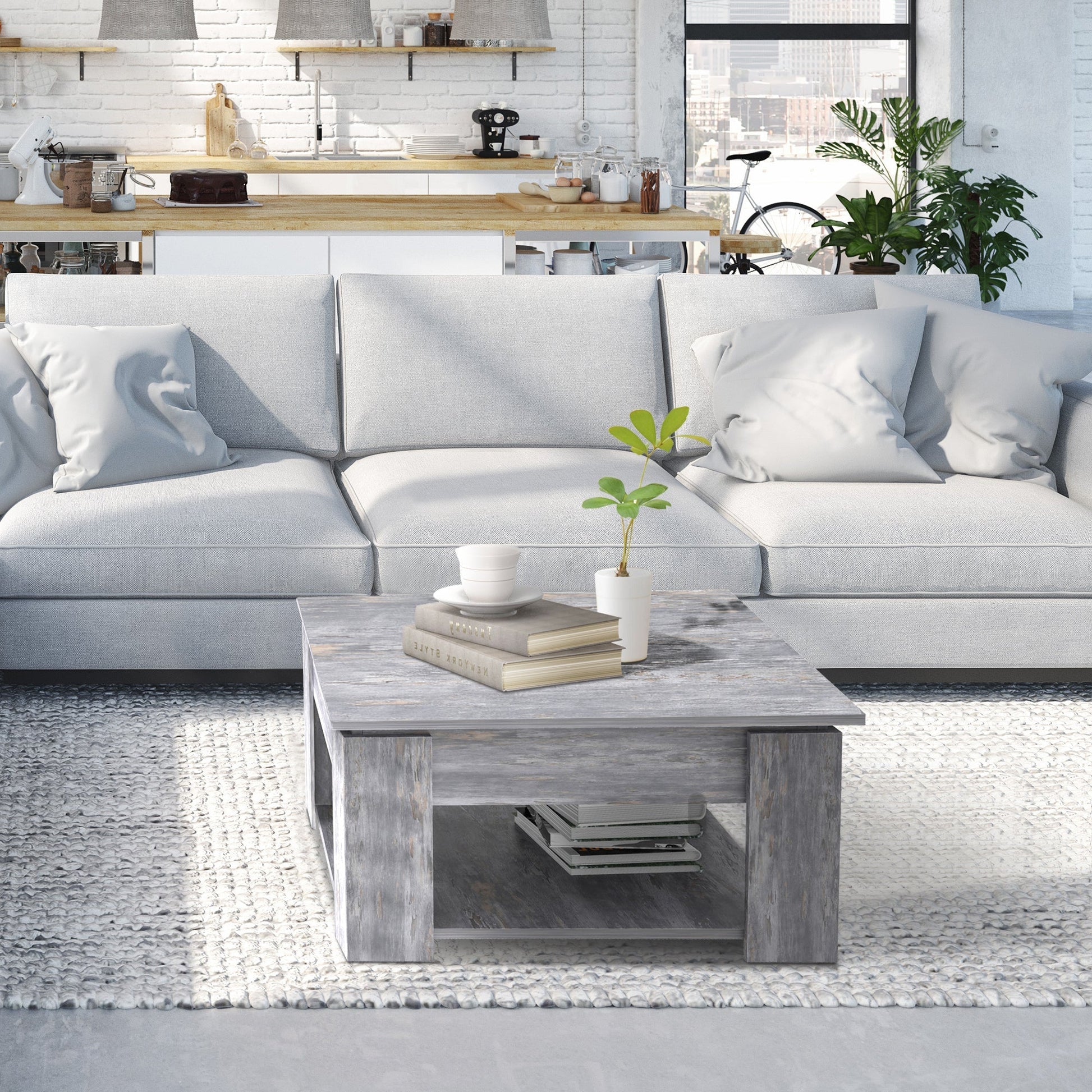 Modern Coffee Table with Storage Shelf, Square Cocktail Table, Center Table for Living Room, Grey at Gallery Canada