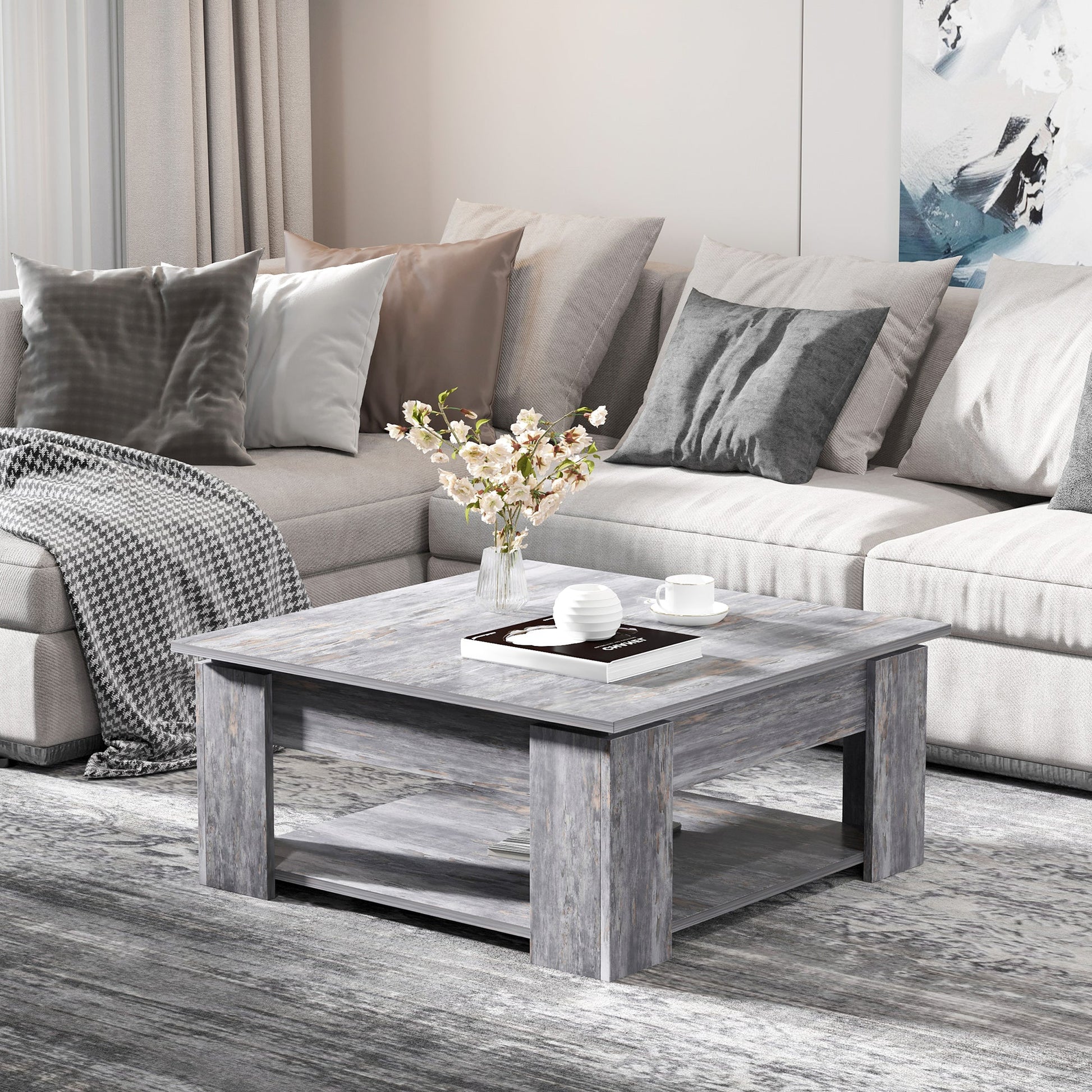Modern Coffee Table with Storage Shelf, Square Cocktail Table, Center Table for Living Room, Grey at Gallery Canada