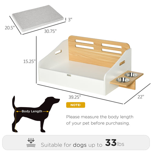 Modern Dog Bed Frame, Furniture Style Pet Sofa, Cat Couch, with Soft Cushion, Washable Cover, 2 Feeding Bowls, Handles, for Small and Medium Sized Dog