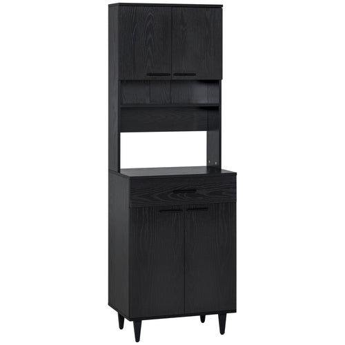 Modern Kitchen Buffet with Hutch Wooden Storage Cupboard with Microwave Counter 2 Cabinet and Drawer for Dining Room Living Room Black