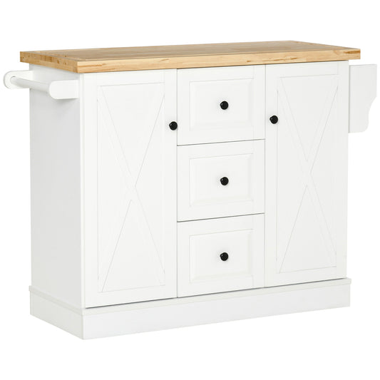 Modern Kitchen Island, Utility Cart on Wheels with Barn Door, Buffet Cabinet with 3 Drawers 2 Compartments, White at Gallery Canada