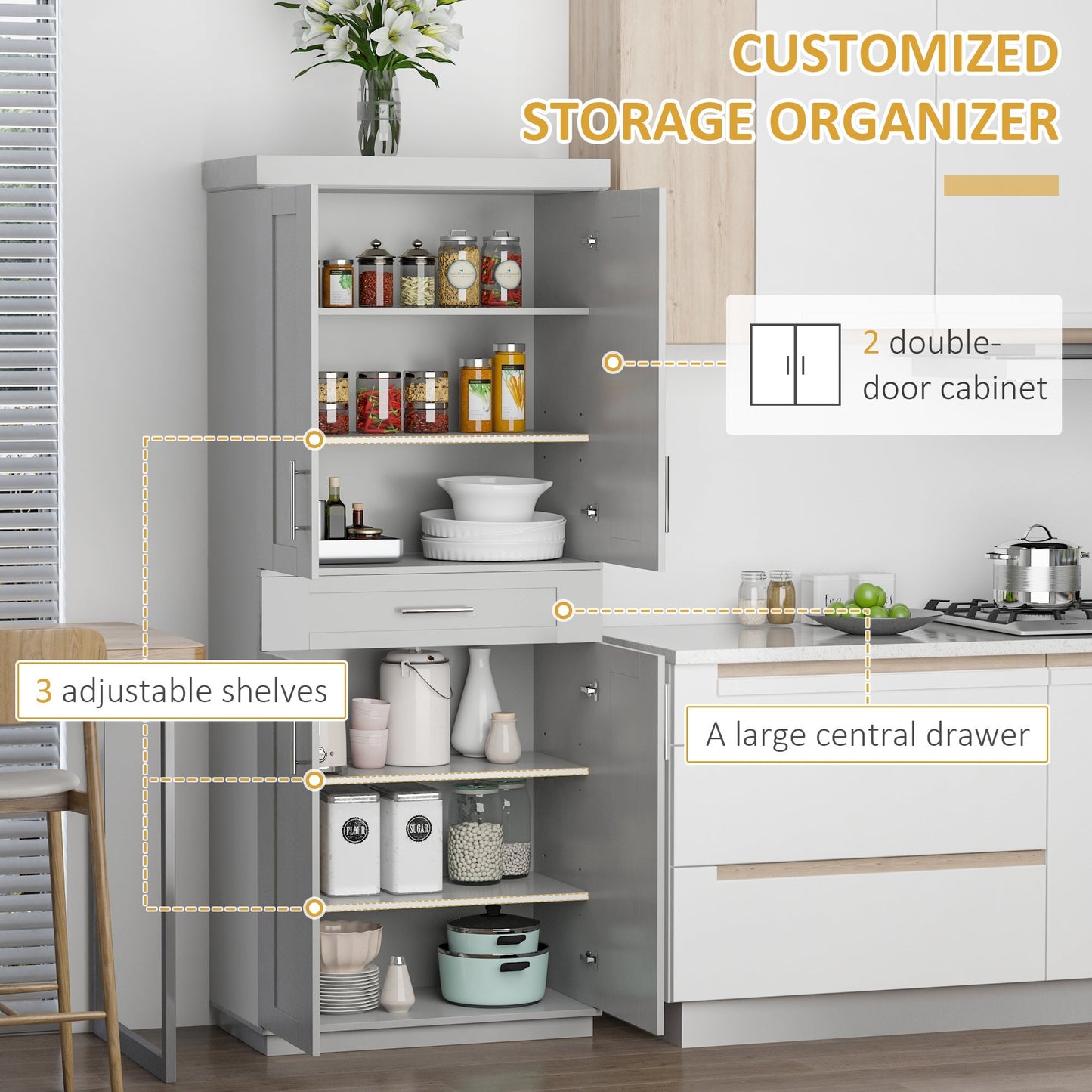 Modern Kitchen Pantry Freestanding Cabinet Cupboard with Doors and Shelves, Adjustable Shelving, Grey at Gallery Canada