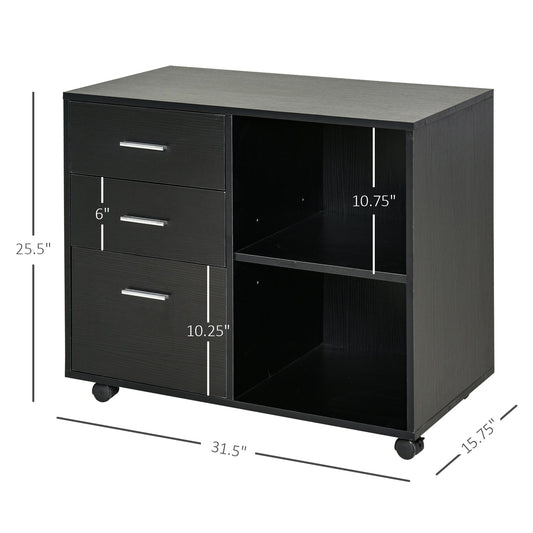 Modern Lateral Filing Cabinet, 3 Drawer File Cabinet, Mobile, Printer Stand with Open Shelves, Rolling Wheels, Black at Gallery Canada