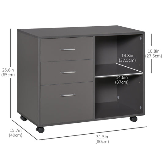 Modern Lateral Filing Cabinet, 3 Drawer File Cabinet, Mobile, Printer Stand with Open Shelves, Rolling Wheels, Grey - Gallery Canada