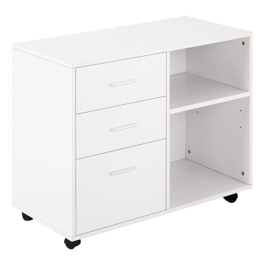 Modern Lateral Filing Cabinet, 3 Drawer File Cabinet, Mobile, Printer Stand with Open Shelves, Rolling Wheels, White at Gallery Canada
