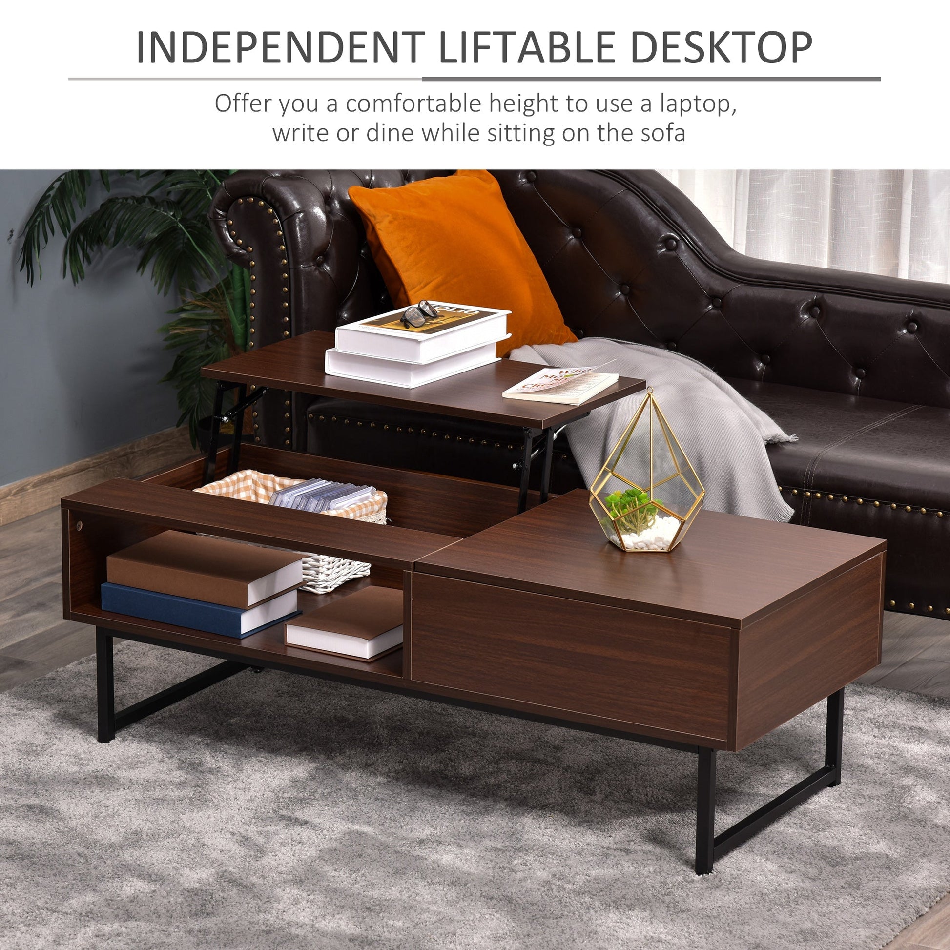 Modern Lift Top Coffee Table with Hidden Storage Compartment and Metal Frame, Center Table for Living Room, Brown at Gallery Canada