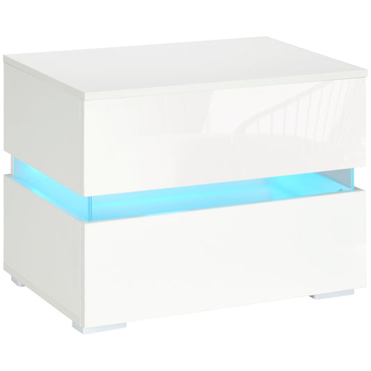 Modern Nightstand, Bedside Table with 2 High Gloss Drawers, USB Powered RGB LED Lights, Remote for Bedroom, White - Gallery Canada
