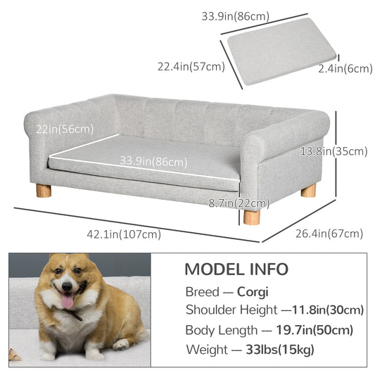 Modern Pet Sofa Cat or Medium Large Dog Bed W/ Removable Seat Cushion, Light Grey - Gallery Canada