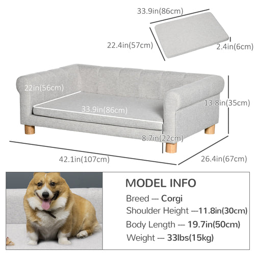 Modern Pet Sofa Cat or Medium Large Dog Bed W/ Removable Seat Cushion, Light Grey