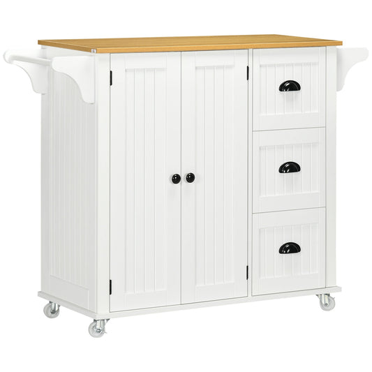 Modern Rolling Kitchen Island Cart with 3 Drawers Towel Rack Double Door Storage Cabinet White at Gallery Canada