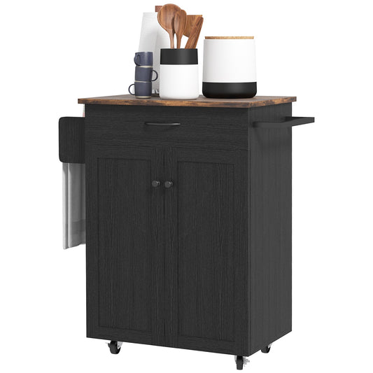 Modern Rolling Kitchen Island Cart with Drawer, Natural Wood Top, Towel Rack, Door Storage Cabinet, Distressed Black at Gallery Canada