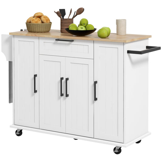 Modern Rolling Kitchen Island Cart with Drawers, Natural Wood Top, Towel Rack, Door Storage Cabinet, White at Gallery Canada