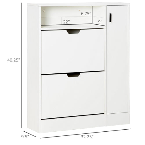 Modern Shoe Cabinet, 12 Pairs Shoe Storage Cabinet with 2 Flip Drawers, Open Shelf and Compartment for Umbrella, Hallway Entryway, White