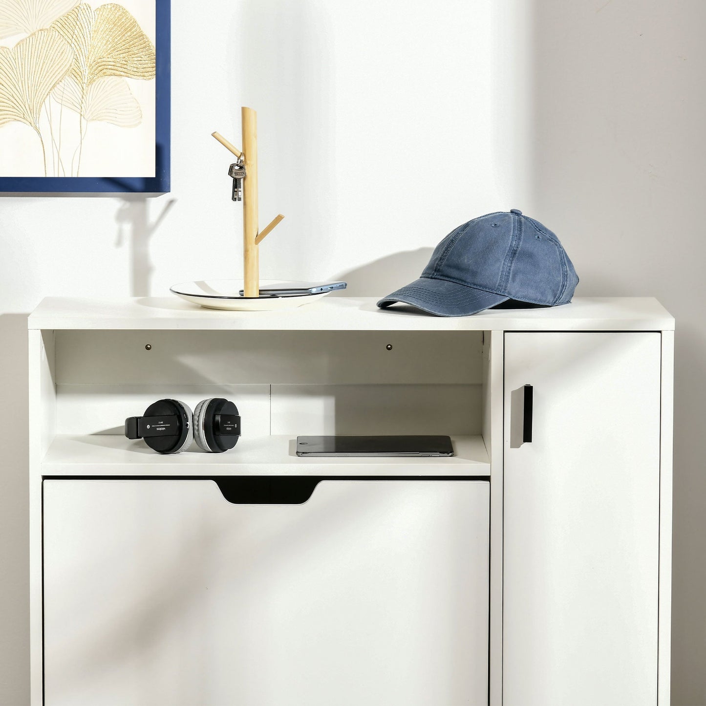 Modern Shoe Cabinet, 12 Pairs Shoe Storage Cabinet with 2 Flip Drawers, Open Shelf and Compartment for Umbrella, Hallway Entryway, White at Gallery Canada
