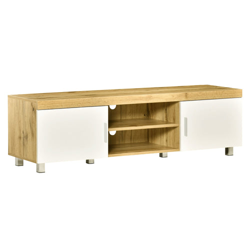 Modern TV Stand for TVs Up to 63 Inches, TV Cabinet with Storage Shelves and Cable Holes for Living Room Bedroom, Oak and White