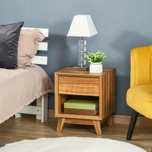 Modern Bedside Table, Nightstand with Drawer, Shelf, Walnut Brown, Brown Bedside Tables Walnut at Gallery Canada
