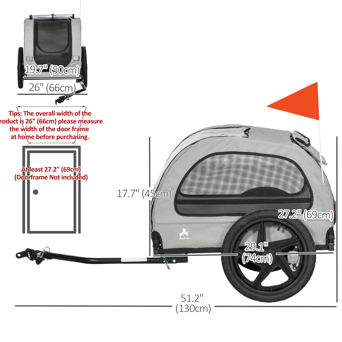 Dog Bike Trailer with Mesh Windows, Safety Leash, Safety Flag, Front/Rear Doors, for Medium Dogs Travel, Light Grey at Gallery Canada