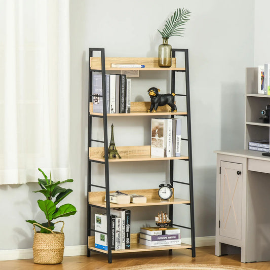 Modern 5-Tier Bookshelf, Metal Frame, Wooden Shelves, Oak