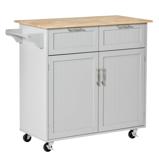 Rolling Kitchen Island with Storage Drawers, Modern Kitchen Cart with Rubber Wood Top, Cabinet &; Towel Rack, Grey at Gallery Canada