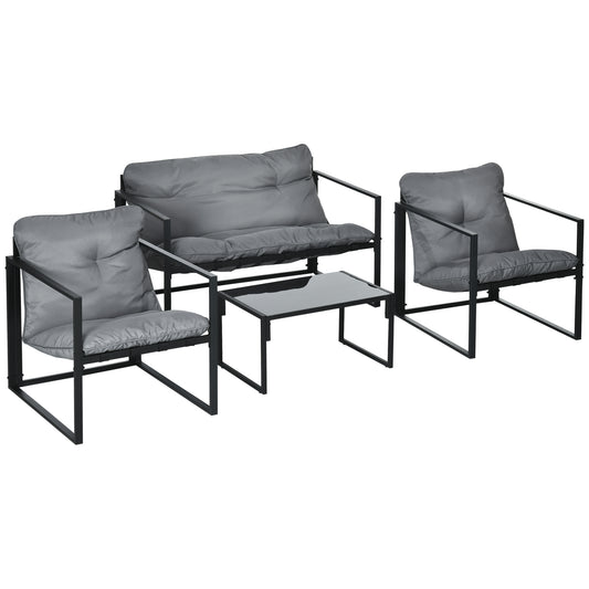 4 Piece Outdoor Furniture Set, Patio Conversation Set with Tempered Glass Table, Loveseat, 2 Chairs and Cushions, Grey - Gallery Canada