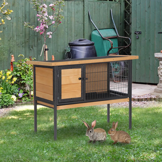 Wooden Rabbit Hutch, Indoor Outdoor Bunny Cage With Tray, Yellow Rabbit Hutch Light Yellow, Black at Gallery Canada