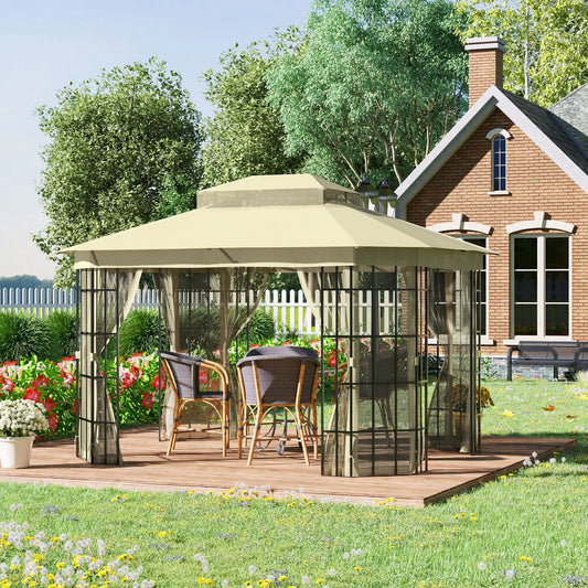 12'x10' Soft-Top Patio Gazebo, Steel Frame, Vented Roof, Mosquito Netting, Beige