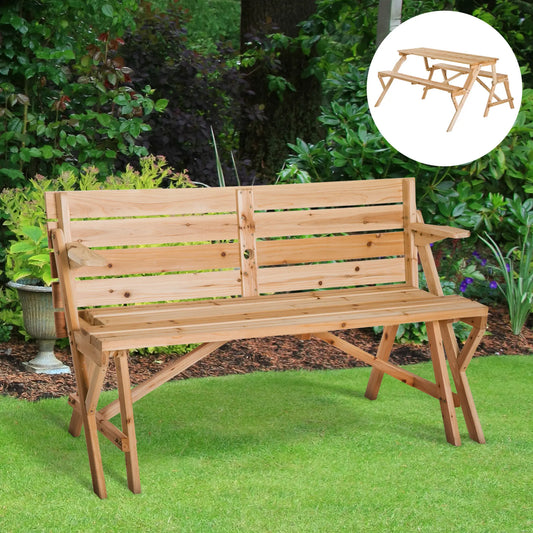 Wooden Folding Picnic Table with Benches, Outdoor Convertible Patio Garden Bench, Umbrella Hole Outdoor Dining Sets Wood Colour at Gallery Canada