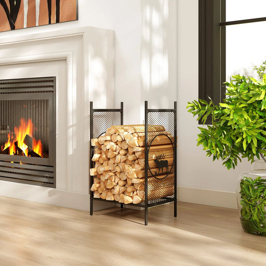 Firewood Rack Outdoor, 19" Heavy Duty Metal Log Holder with Mesh Sides Firewood Racks Black at Gallery Canada