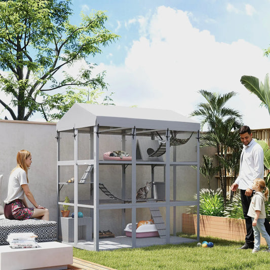 81"H Catio Outdoor Enclosure, Floor Included, Fits 2-4 Cats, Grey Outdoor Cat Enclosures Grey at Gallery Canada