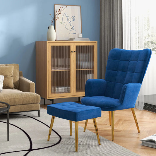 Modern Accent Chair with Ottoman, Upholstered Armchair, Gold Legs, Dark Blue Accent Chairs Dark Blue at Gallery Canada