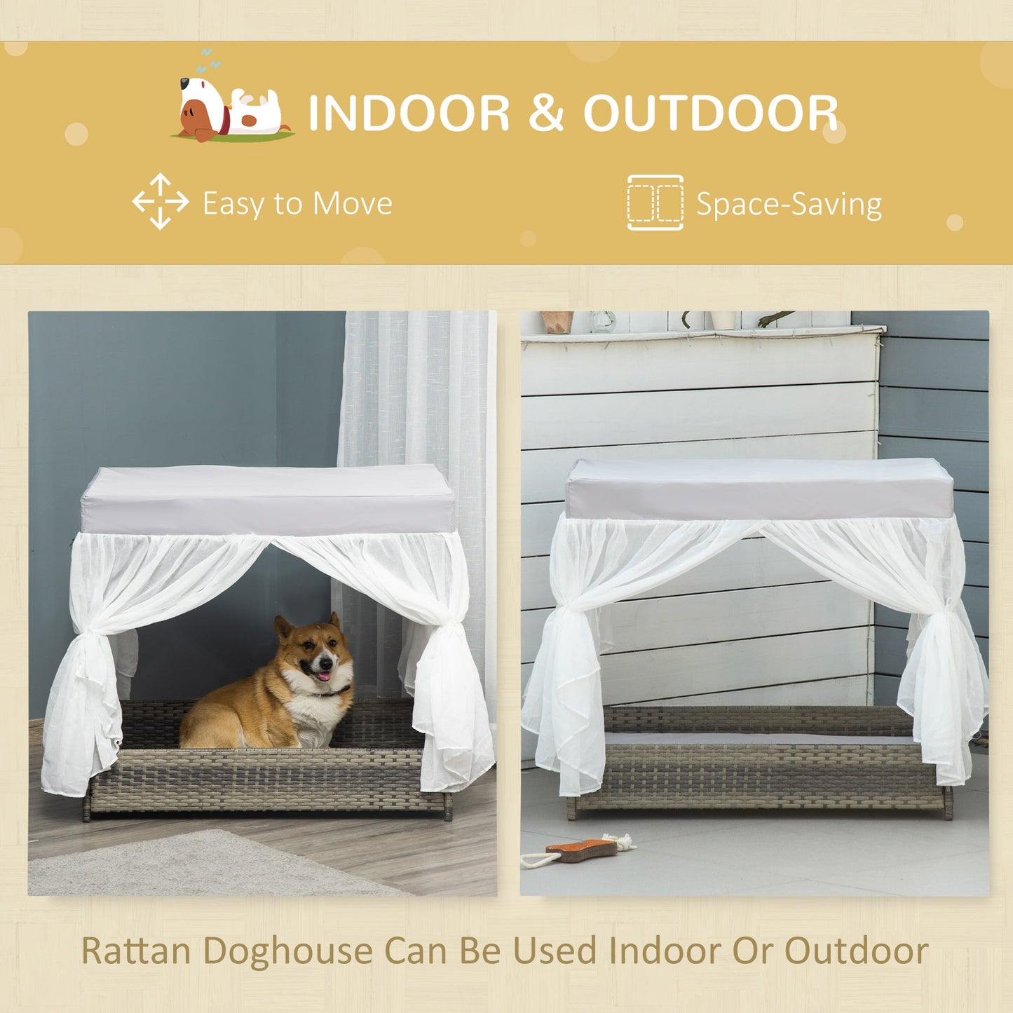 Wicker Dog House for Indoor Outdoor, Elevated Pet Sofa, Rattan Cat Bed for Garden Patio, Weatherability Roof for Medium-Sized Dogs, Grey at Gallery Canada