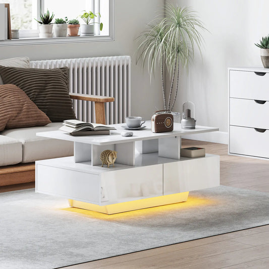Modern Coffee Table with RGB LED Lights, 4 Drawers, Open Shelf, Remote, High Gloss White, White Coffee Tables High Gloss White at Gallery Canada