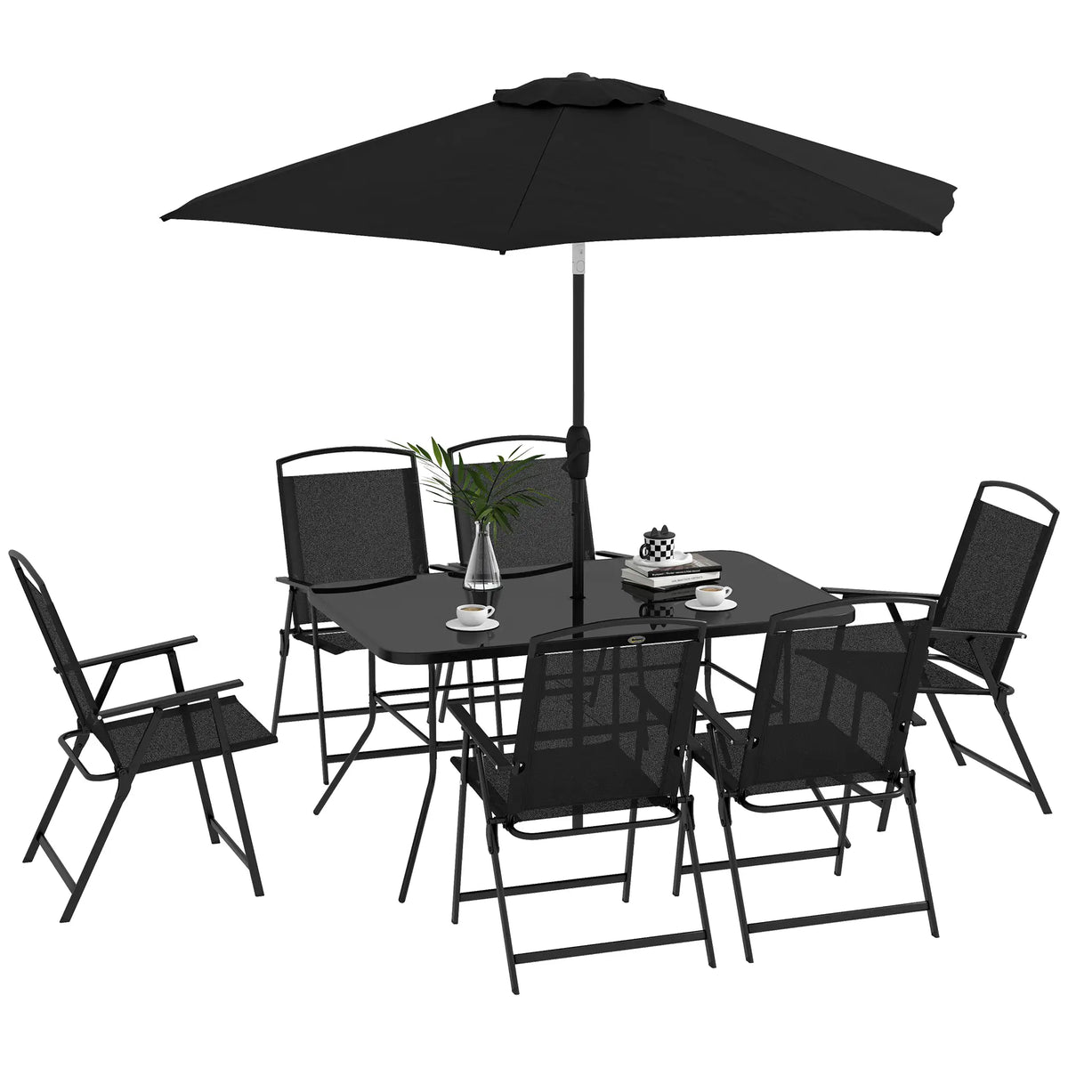 Ensemble de patio de 8 pièces, 6 chaises pliantes, table rectangulaire, salle à manger extérieure, noir