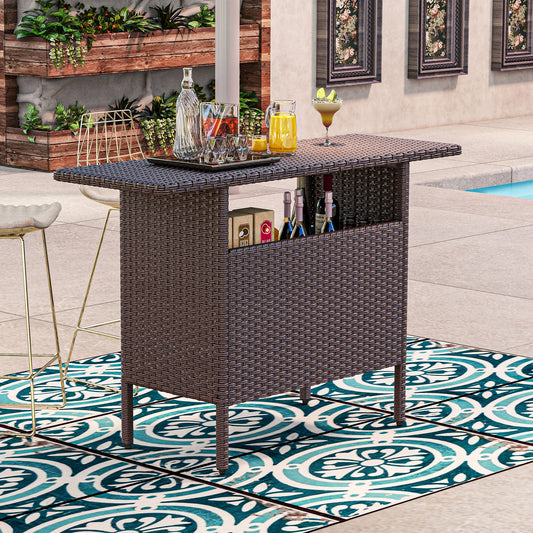 Outdoor Rattan Bar Table, 55.1" x 18.5" x 37", 2 Storage Shelves, Brown Bistro Sets Brown at Gallery Canada