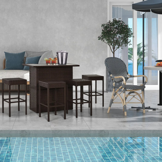 5-Piece Patio Bar Set, PE Rattan Wicker High Top Table, 4 Chairs, Dark Brown Bistro Sets Dark Brown at Gallery Canada