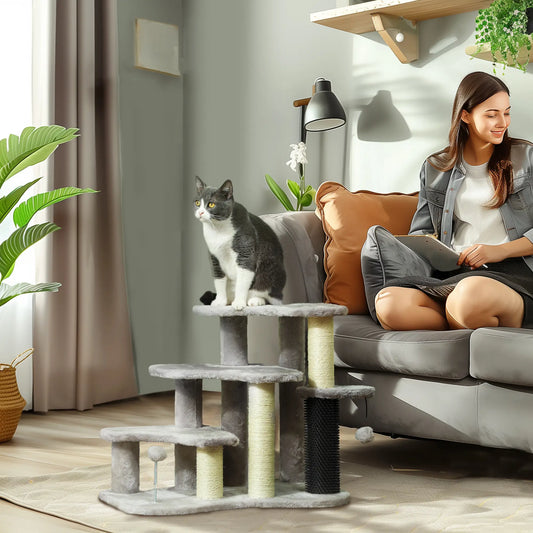 2 in 1 Cat Tree, 3 Steps with Scratching Posts, Toy Balls, Light Grey Cat Stairs Light Grey, Cream White at Gallery Canada