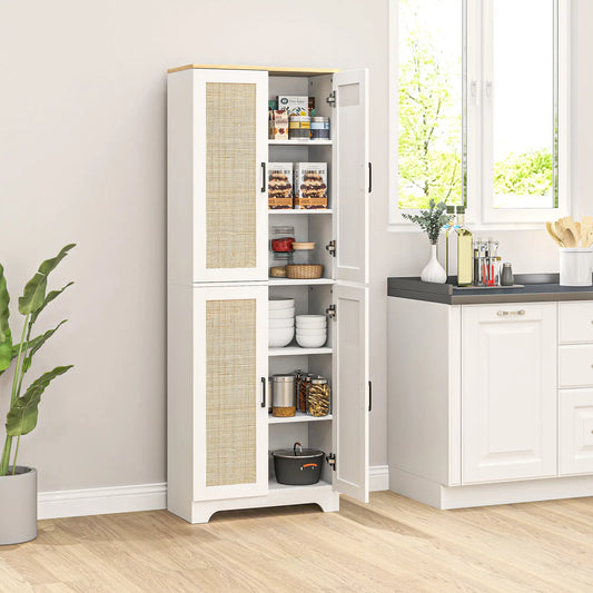 67" Tall Kitchen Pantry, Freestanding Cabinet, 4 Rattan Doors, Adjustable Shelves, White Storage Cabinets White at Gallery Canada