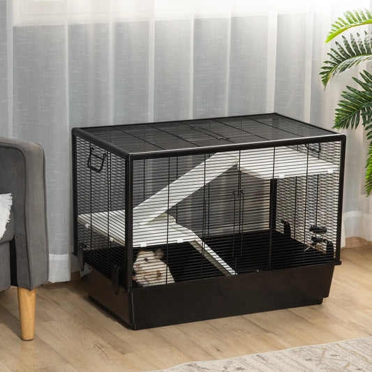 Cage à Hamster 3 Niveaux, Maison pour Cochon d'Inde, 80cm x 48cm x 58cm, Noir