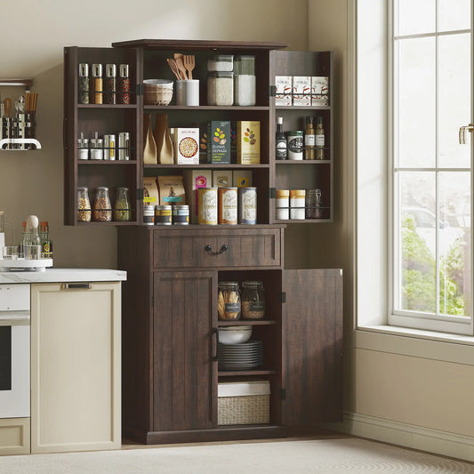 71" LED Kitchen Pantry Cabinet, Farmhouse Storage, Distressed Brown, Brown Kitchen Pantry Cabinets Distressed Brown at Gallery Canada