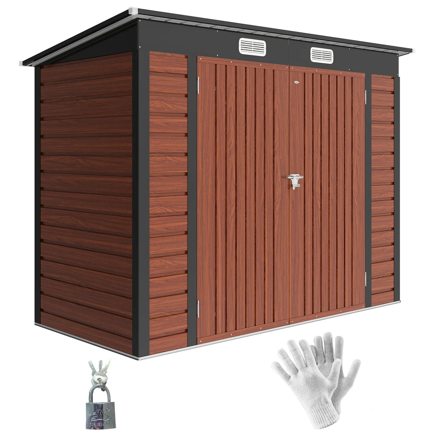 8 x 4FT Galvanized Metal Garden Storage Shed, Double Doors, 2 Vents, Teak Sheds at Gallery Canada