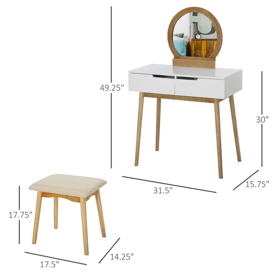 Vanity Table Set with Round Mirror and 2 Drawers, Dressing Table with Cushioned Stool Set for Bedroom, Natural - Gallery Canada