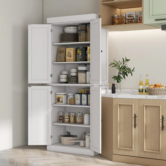 72.5" Freestanding Kitchen Pantry, 4 Doors, White Kitchen Pantry Cabinets White at Gallery Canada