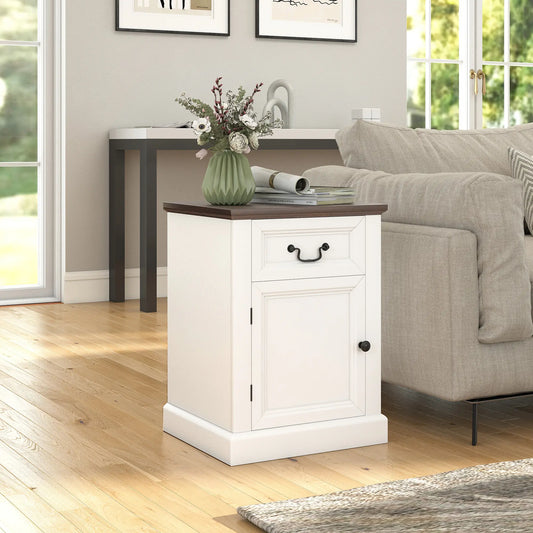 Side Table Set of 2, with Drawer and Cabinet, White Side Tables White, Brown at Gallery Canada