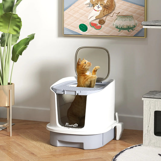 Enclosed Cat Litter Box with Lid, Scoop, Top Entry, Grey Cat Litter Box Enclosures Grey, White, Black at Gallery Canada