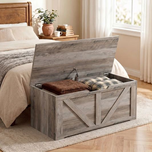 31.5" Storage Chest with Safety Hinge, Grey Wood Grain, Grey Storage Cabinets Grey Wood Grain at Gallery Canada